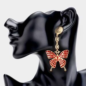 Gold Rhinestone Butterfly Dangle Statement Earrings